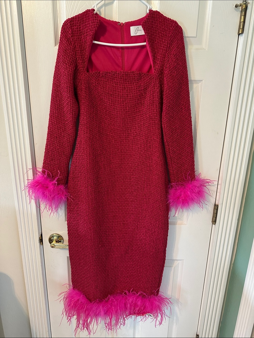 Cheri Red-Pink Feather Trim Knit Midi Dress (S)